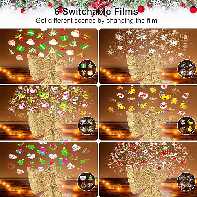 Christmas Angel Tree Topper with 6 Projection Modes, Hollowed Pentagram Tree Top with Gold Spangles Plated Plug in for Indoor Outdoor Christmas Decorations, Gold