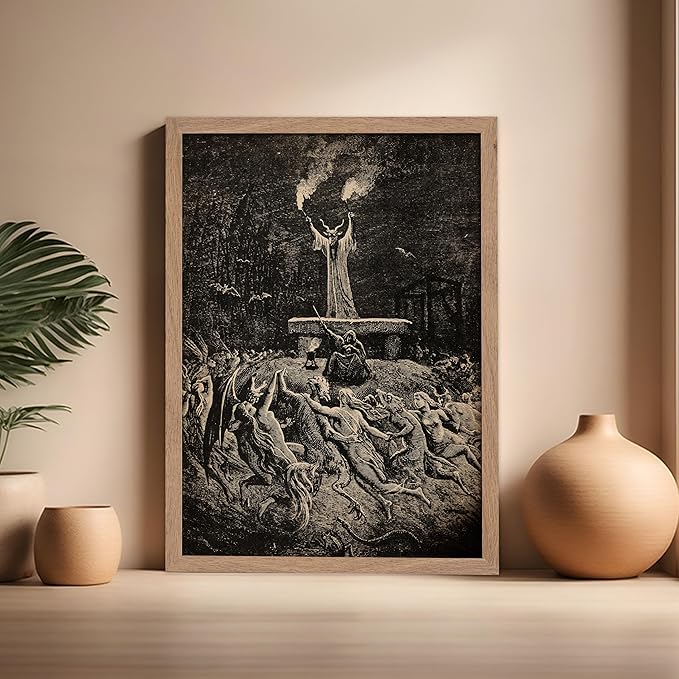 Poster Master Vintage Gustave Dore Poster - Retro Illustration Print - Gift for Gothic, Horror Fan - Dance of Sabbath, Witch, Magic, Spell - Wall Decor for Bedroom, Dorm, 16x20 Beige Framed