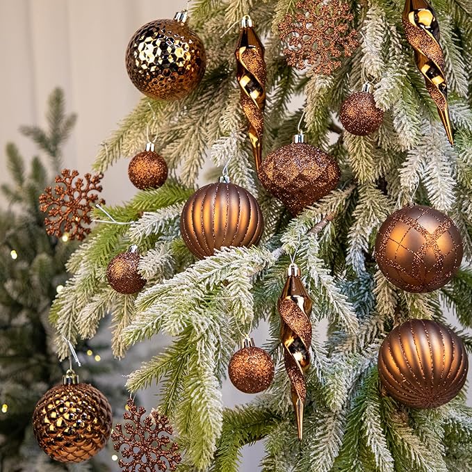 50PCS Christmas Tree Ornaments Set with Shatterproof Christmas Balls Icicle Snowflake Hanging Ornaments for Home Office Farmhouse Christmas Decorations, Bronze