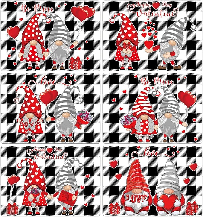 Valentine's Day Placemats Set of 6 Gnomes Plastic Table Mats Buffalo Plaid Place Mats Washable Vinyl Love Hearts Table Decoration for Anniversary Wedding Party Kitchen Dining Table