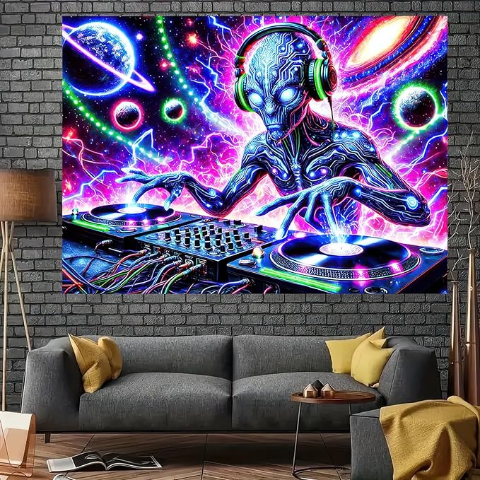 BlissYard Blacklight Cool Alien Tapestry UV Reactive Tapestry 78x59 Inch Black Light Galaxy Planet Tapestry Glowing Tapestry Large Neon Tapestry Wall Hanging for Home Living Room Bedroom Decor