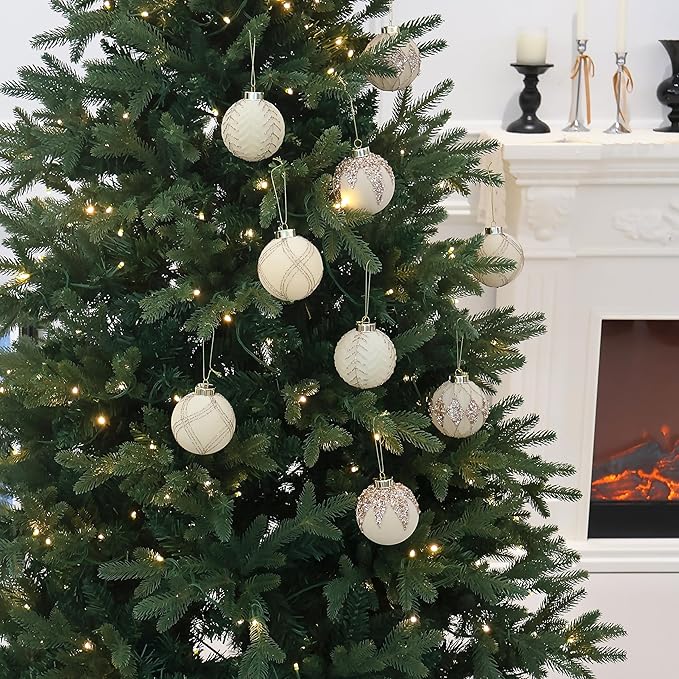 3.15INCH Beige Velvet Ornaments for Christmas Tree, 12PCS Glitter Flocked Christmas Ornaments Decorations Balls Set Decor