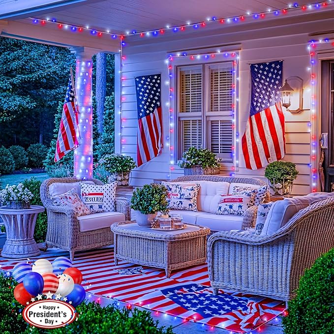 JMEXSUSS 2 Pack Red White and Blue Lights Outdoor, 33ft 100 LED 4th of July Lights Battery Operated, 8 Modes Patriotic Decorations for Indoor Outside Independence Day American Flag Holiday