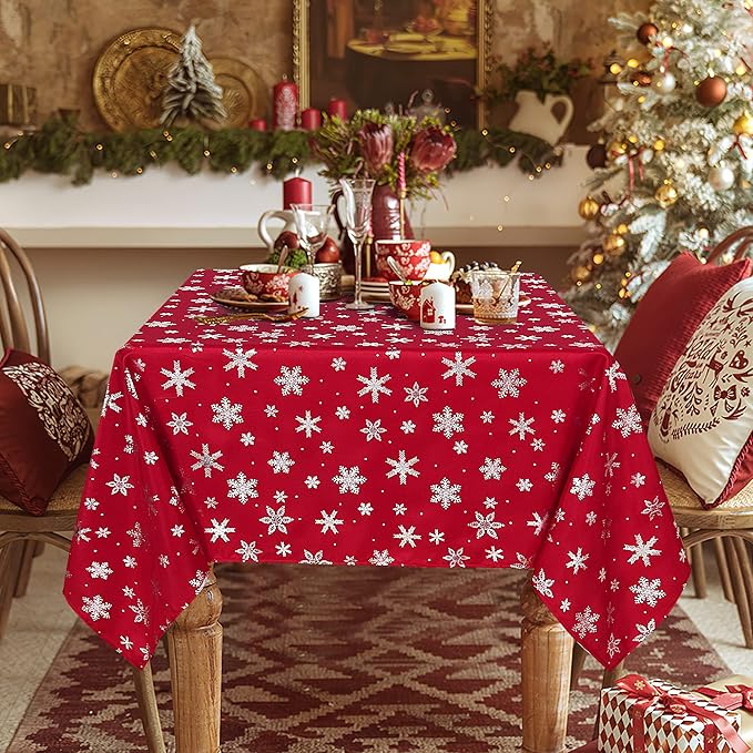 LUSHVIDA Christmas Tablecloth Rectangle - 60x120 inch Snowflakes Foil Print Pattern Washable Wrinkle Resistant Holiday Tablecloths for Christmas Family Gathering, Dining Room Table 130GSM