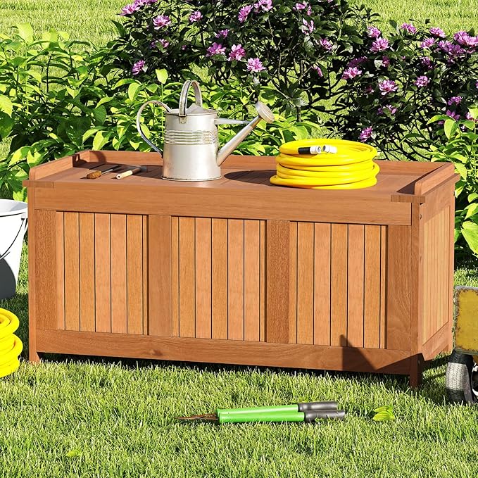 Tangkula 58 Gallon Wood Deck Box, 3-in-1 Patio Storage Bench Stool w/Flip Top for Cushions, Pool Supplies, Gardening Tools, Outdoor Container Chest for Garden, Backyard, Poolside