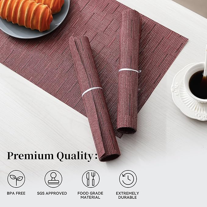 Leetaltree Burgundy Placemats Set of 8 - Heat Resistant Non-Slip Place mats for Dining Table, Washable Durable PVC Vinyl Woven Table Mats（Burgundy, 8）