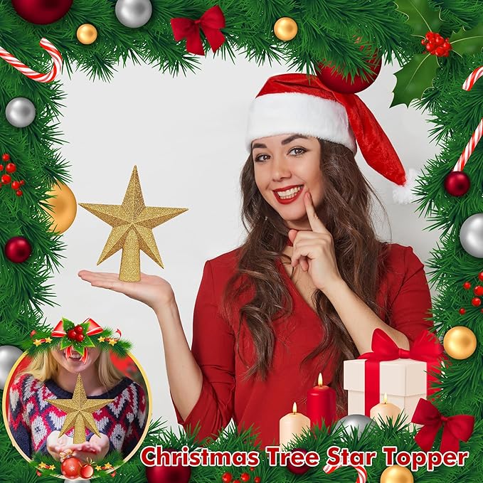 Christmas Tree Topper, 1PCS 6" Gold Glitter Star Tree Topper, 3D Xmas Shatter-Proof Mini Bethlehem Star Tree Topper Decorations, Waterproof Christmas Decor for Holiday Home Outdoor Ornament