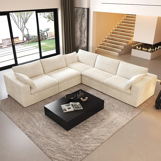 118" V Shaped Corner Modern Sofa Modular Sectional Cloud Couch,Deep Seat Upholstered Couches with Plush Corduroy Fabric for Living Room Furniture,Bedroom and Apartment,No Assembly Required,White