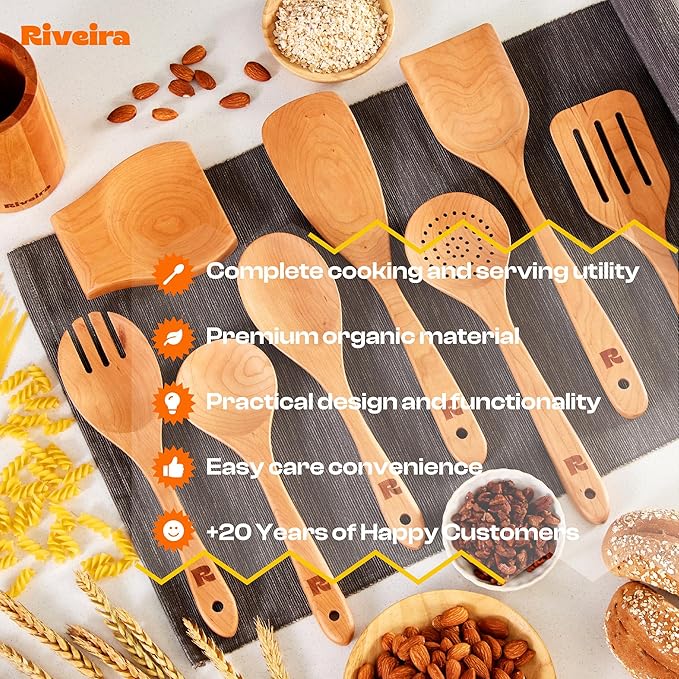 Riveira Cherry Wooden Spoons for Cooking Set of 9 – Natural Cherry Wooden Cooking Utensils, Wooden Spatula, Wooden Spoon - Premium Quality Wooden Utensil Set for Non-Toxic Cooking