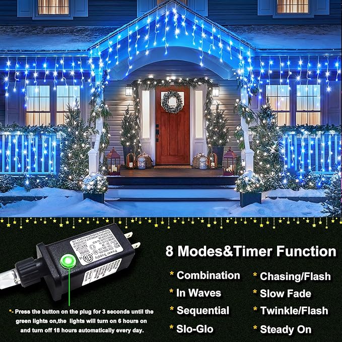 Icicle Christmas Lights Outdoor, 66ft 640 LED Blue and White Christmas Lights 8 Modes with 120 Drops, Waterproof Icicle Light Plug in for Indoor Outside Party Holiday Xmas Halloween Decorations