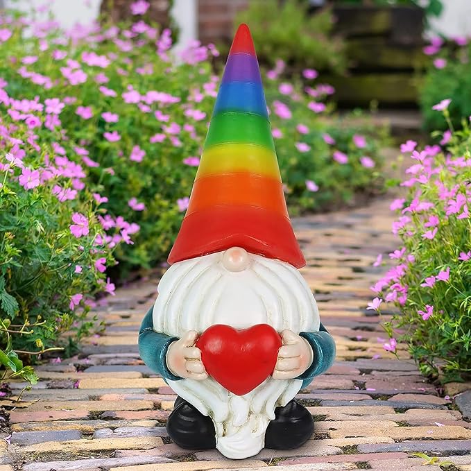 Exhart Garden Gnome, Solar Garden Gnome Statue with Heart, LED Rainbow Hat, Cute Outdoor Garden Decoration, 6 x 12.5 Inch, Multicolor, Resin