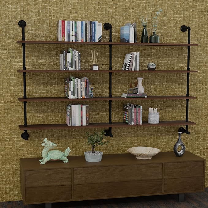 Industrial Pipe Wall Shelves Pipe Shelving with Real Wood Plank,60 Inches Floating Shelves for Wall Farmhouse Pipe Book Shelves Dark Brown 4 Tier for Kitchen,Living Room Decor and Bar Shelving