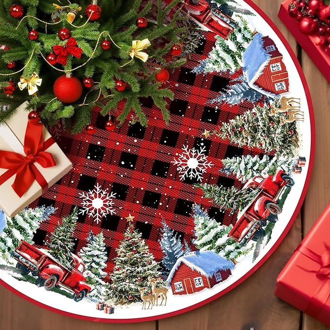 Christmas Tree Skirt 48 Inches Red Xmas Soft Cover Mat Decor Retro Xmas Tree Skirt for New Year Holiday Ornaments Indoor Outdoor Decorations (Buffalo Plaid)