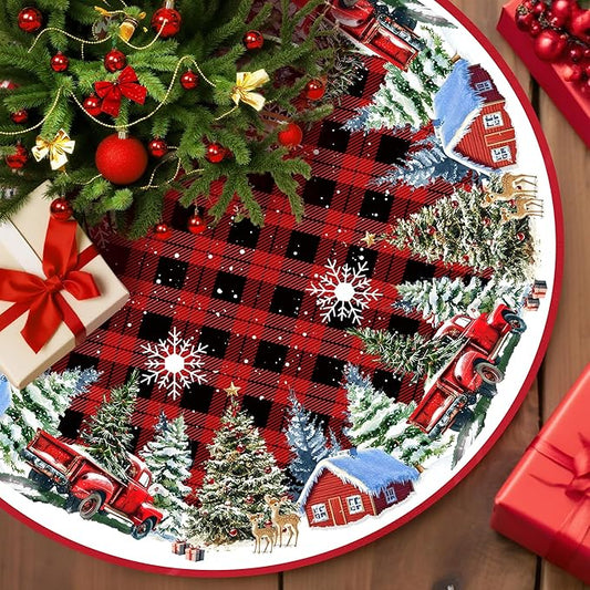 Christmas Tree Skirt 48 Inches Red Xmas Soft Cover Mat Decor Retro Xmas Tree Skirt for New Year Holiday Ornaments Indoor Outdoor Decorations (Buffalo Plaid)