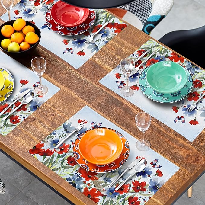 4th of July Floral Placemats Set of 4 12x18 Inch Patriotic Red Blue Watercolor Flowers Washable Non-Slip Heat Resistant Place Mats Memorial Day Independence Day Table Mats