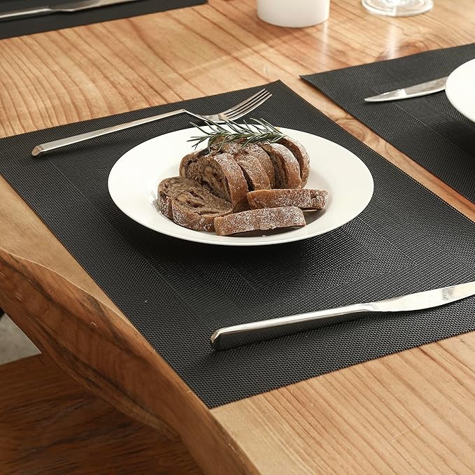 Leetaltree Black Frame Placemats Set of 12 - Heat Resistant Non-Slip Place mats for Dining Table, Washable Durable PVC Vinyl Woven Table Mats（Black Frame, 12）