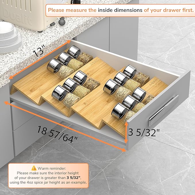 AMBIRD Bamboo Spice Drawer Organizer with Non-slip Mat, 4 Tier Jar Spice Rack Tray 13'',Seasoning Organizer for Kitchen,Cabinet,Drawers,Countertop