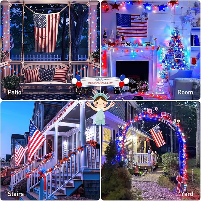 JMEXSUSS Connectable Red White and Blue Lights Indoor Outdoor, 100 LED 33ft 4th of July Decorations Light Plug in, 8 Modes Globe String Lights with Remote for Independence Day Party Patriotic Decor