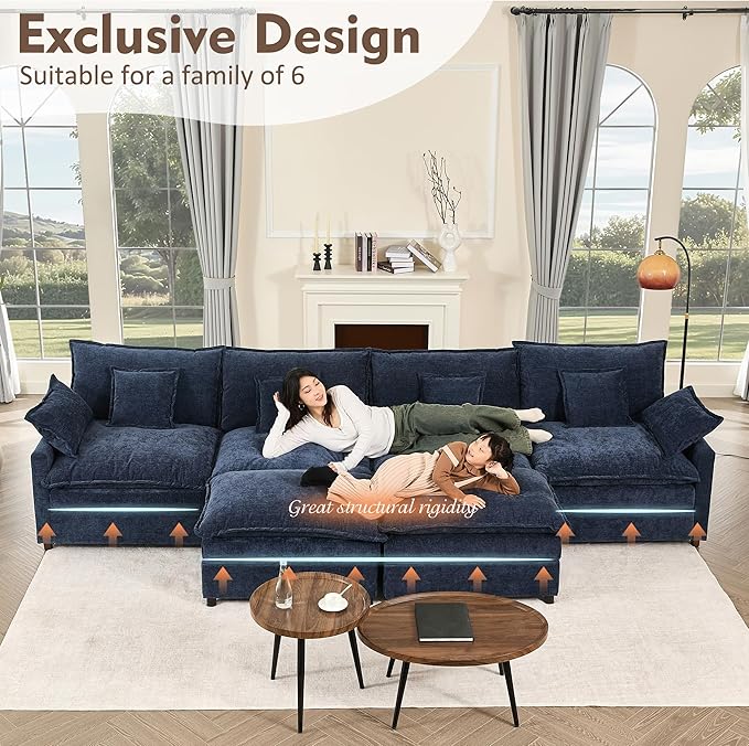 142.5" U Shaped Couch, Modular Sectional Sofa, 3-Seater Comfy Cloud Couch with Movable Ottoman, Deep Seat Couches for Living Room, Chenille, Navy