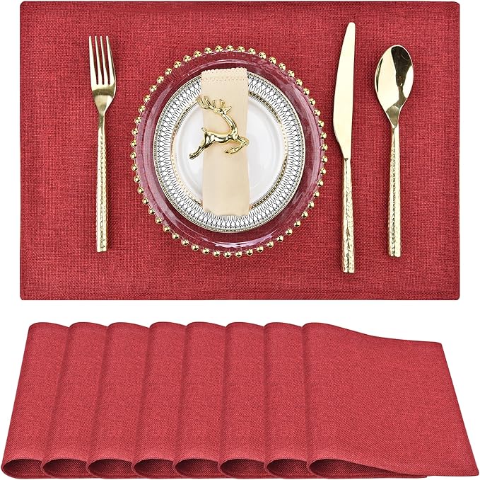 Red Christmas Placemats Set of 8 - Festive Easy to Clean Linen-Style Fabric Table Mats - Machine Washable & Heat Resistant Non-Slip Design for Thanksgiving and Holiday Dining (Wine Red, 8)