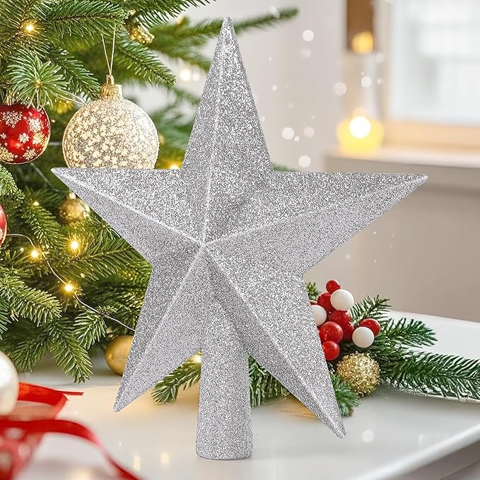Tree Topper Star, 8" Silver Christmas Tree Topper with Glitter, 3D Bethlehem Star Xmas Tree Topper Decorations, Waterproof Shatter-Proof Tree Decoration for Christmas Holiday Home Indoor and Outdoor