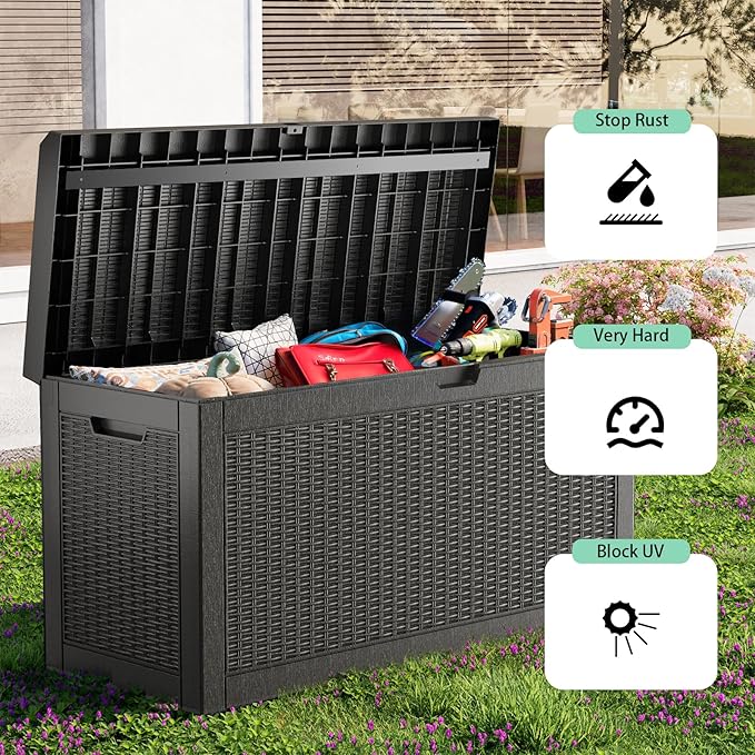 Vixzen 60 Gallon Outdoor Deck Box,Lockable Resin Waterproof Storage Box,UV Resistant,Weather Resistance,Outside Storage Bin for Gardening Tools,Pool Supplies,Black