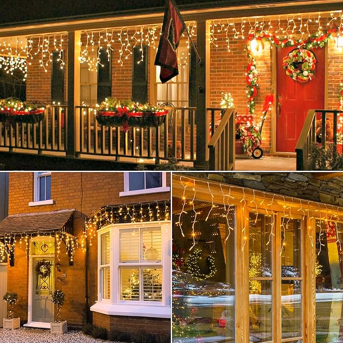 Hopolon 33FT 360L LED Christmas Icicle Lights Outdoor Waterproof,8 Modes Plug in Curtain String LIghts With 60 Drops,Christmas Lights for Wedding,Party,Bedroom,Home,Garden,Wall Decorations(Warm White)