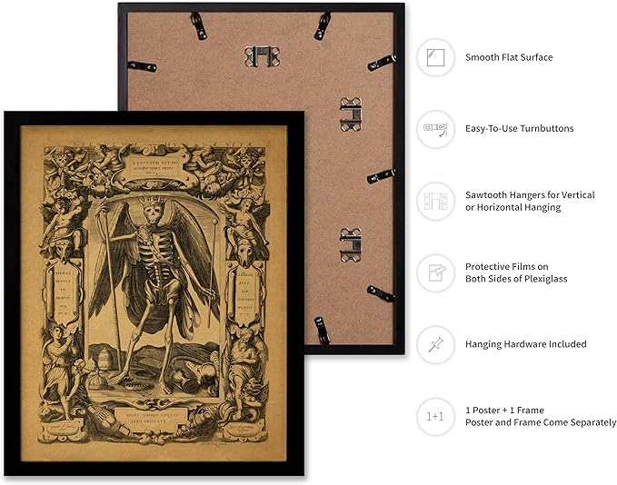 Poster Master Vintage Medieval Poster - Retro Gothic Print - Gift for Artist, Friend - Angel of Death, Memento Mori, Life, Skeleton, Dark - Wall Decor for Home, Living Room, 16x20 Black Framed