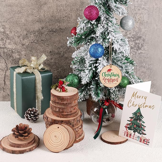 36 Pack Nature Wood Slices for Crafts,2.8-3.1In Unfinished Natural Wood Rounds.Wood Circles Predrilled with Hole and 20m Rope for Wooden Craft Supplies,Painting,Christmas Ornaments,DIY Gifts