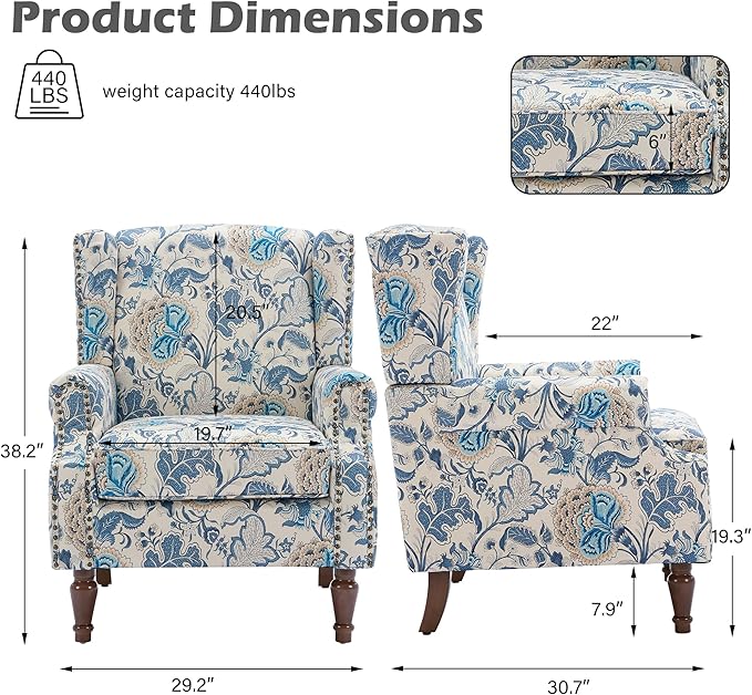 UIXE High Back Floral Accent Chairs Set of 2, Upholstered Armchair in Fabric, Retro Printed Wingback Arm Chair for Living Room, Nailhead Trim Single Sofa Bedroom Reading Seat - Boho Blue