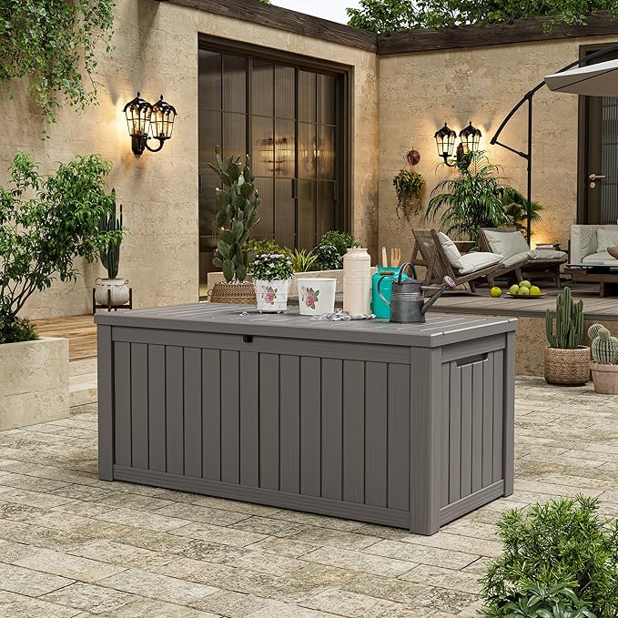 KAMABOKO Outdoor Storage Box, 120 Gallon Large Outdoor Resin Deck Box, Storage Waterproof Boxes Lockable Lid for Garden Tools, Pool Supplies, Patio Furniture and Cushions, Grey