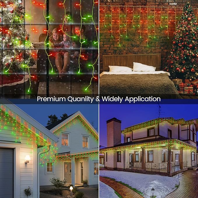 Hopolon 33FT 360L LED Christmas Icicle Lights Outdoor Waterproof,8 Modes Plug in Curtain String Lights with 60 Drops,Christmas Lights for Wedding,Party,Bedroom,Garden,Home,Wall Decorations(Red Green)