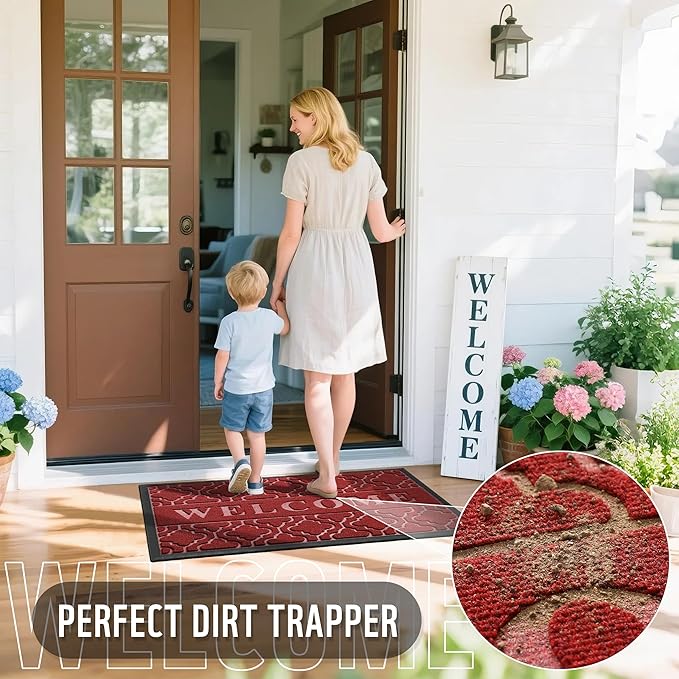 Yimobra Welcome Mat Outdoor Indoor, All-Season Waterproof Front Door Mat Outside Entrance, All-Weather Heavy Duty Non-Slip Doormat, Low Profile Porch Patio Entrance Mats, 60x36, Red