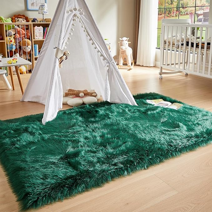 AMTOVO Faux Fur Sheepskin Rug for Living Room, 4 x 6 ft Dark Green Fluffy Area Rug for Bedroom, Playroom, Luxury Room Decor, Rectangle