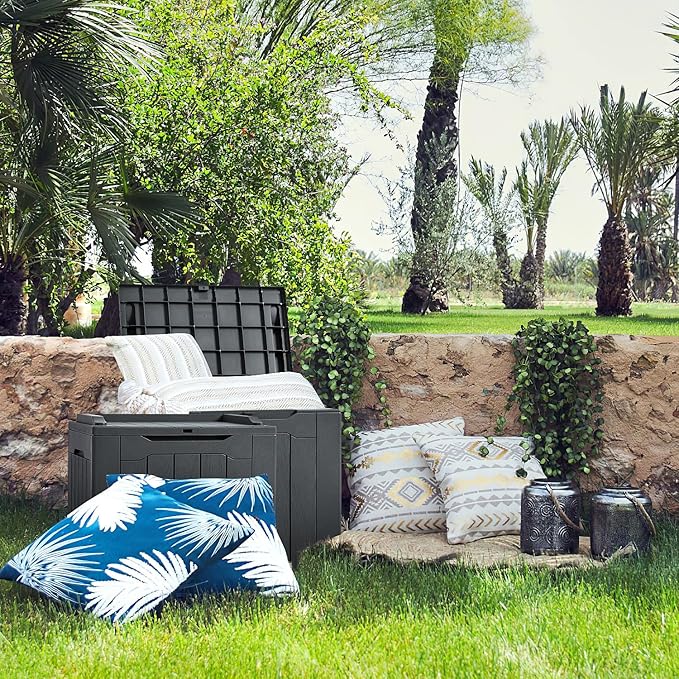 JUMMICO 31 Gallon Resin Deck Box Waterproof Indoor Outdoor Storage Boxes for Patio Furniture Cushions and Garden Tools (Gray)