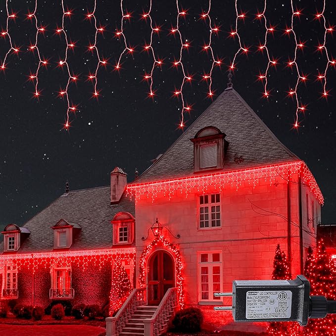 Hopolon 33FT 360L LED Icicle String Lights - Outdoor, Waterproof, 8 Modes, With 60 Drops - Curtain Lights for Indoor/Outdoor Decorations (Red)