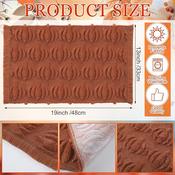 Nuanchu 4 PCS Rust Pumpkin Fall Placemats 13 x 19 Inch Autumn Harvest Soft Plush Faux Fur Wool Table Mats Thanksgiving Placemats for Party Kitchen Dining Decoration