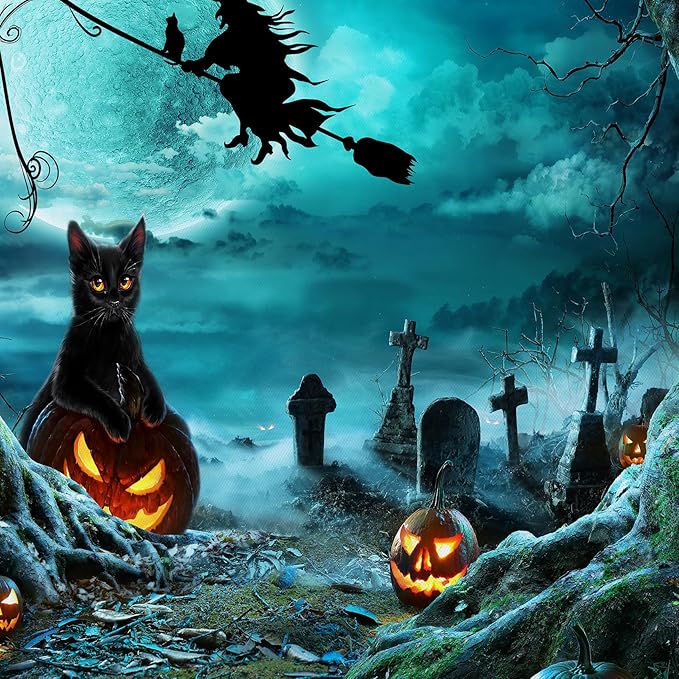 LB Teal Halloween Witch Tapestry Horror Black Cat Dead Tree in Graveyard Full Moon Night Tapestry Wall Art Spooky Pumpkin Wall Decor for Bedroom Living Room Dorm Holiday Party Decor 60x40 Inch