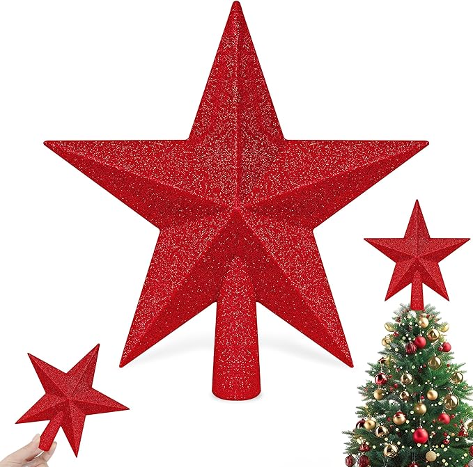 Star Tree Topper, 8" Red Christmas Tee Topper Decorations, Glitter 3D Xmas Bethlehem Star Waterproof Shatter-Proof, Christmas Tree Topper Ornament Decor for Christmas Holiday Party Indoor Outdoor Use