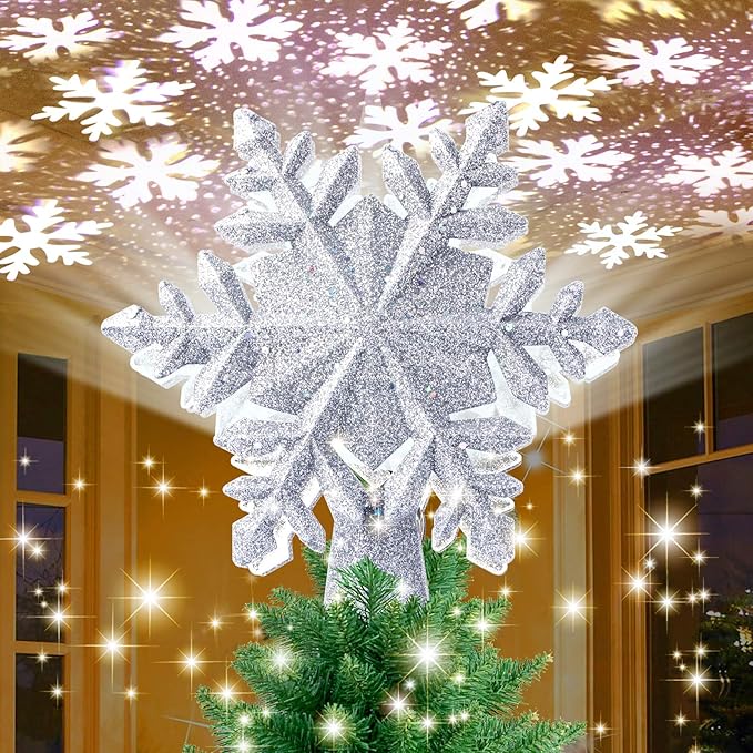 Snowflake Christmas Tree Toppers Lighted, with LED Rotating Snowflake Projector Lights for Indoor Outdoor Christmas Tree Decorations (Silver)