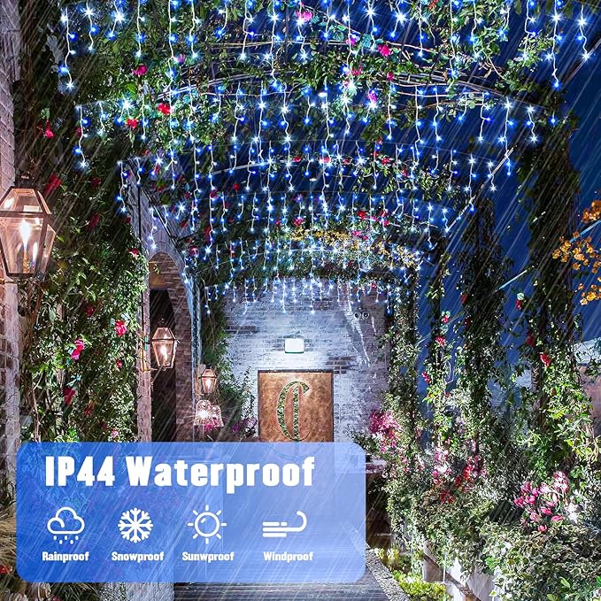 JMEXSUSS Blue&White Icicle Lights - 38.8FT 400 LED Icicle String Lights with Remote for Indoor/Outdoor, House, Bedroom, Fireplace, Birthday, Christmas Decorations