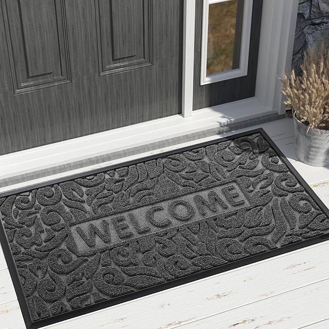 Yimobra Door Mat Indoor Outdoor Entrance, Non Slip Welcome Front Doormats, Heavy Duty Rubber Backing, Stain and Fade Resistant, Low Profile, Easy Clean Patio Garage Floor Mats, 47 x 32, Grey