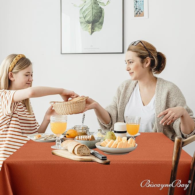 Biscaynebay Fall Tablecloth Textured Fabric Square Tablecloths 54x54 Inch, Rust Thanksgiving Autumn Harvest Water Resistant Fabric Tablecloths for Kitchen, Dining, Wedding, Parties Machine Washable