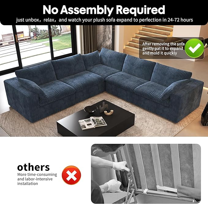 118" V Shaped Corner Modern Sofa Modular Sectional Cloud Couch,Deep Seat Upholstered Couches with Plush Corduroy Fabric for Living Room Furniture,Bedroom and Apartment,No Assembly Required,Blue