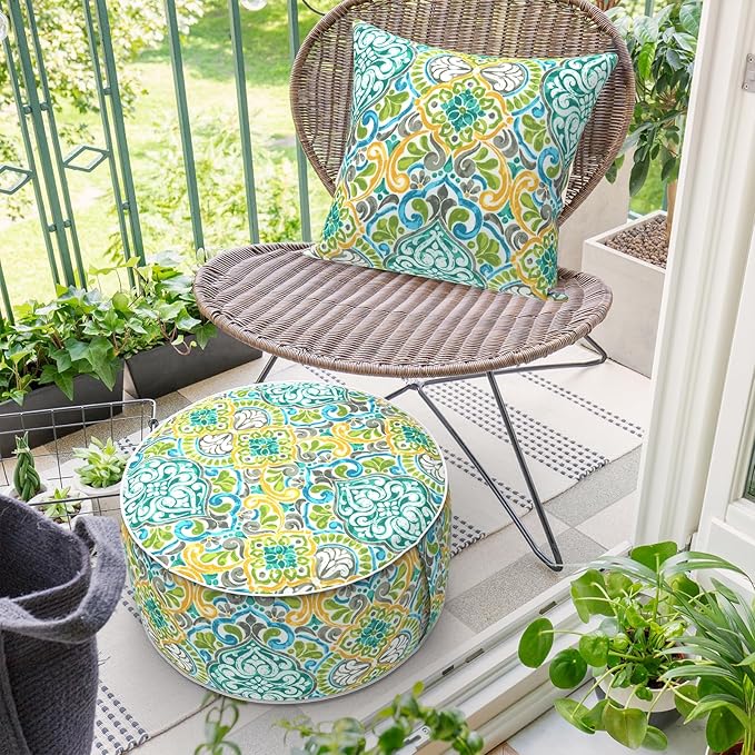 Inflatable Ottoman Stool D21 xH9 for Outdoor/Indoor Use, Water Repellent Patio Foot Rest Stool with Portable Handle,Round Pouf Ottoman Suitable for Garden,Deck and Camping - Damask Green