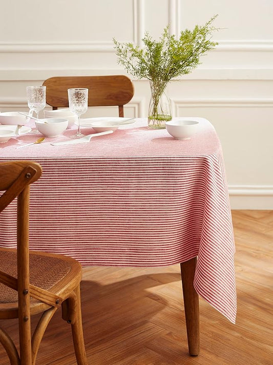 Solino Home Linen Striped Tablecloth 60 x 132 Inch - 100% Pure Linen Red and White Table Cloth for Rectangle Tables - Narrow Stripe, Machine Washable Tablecloth