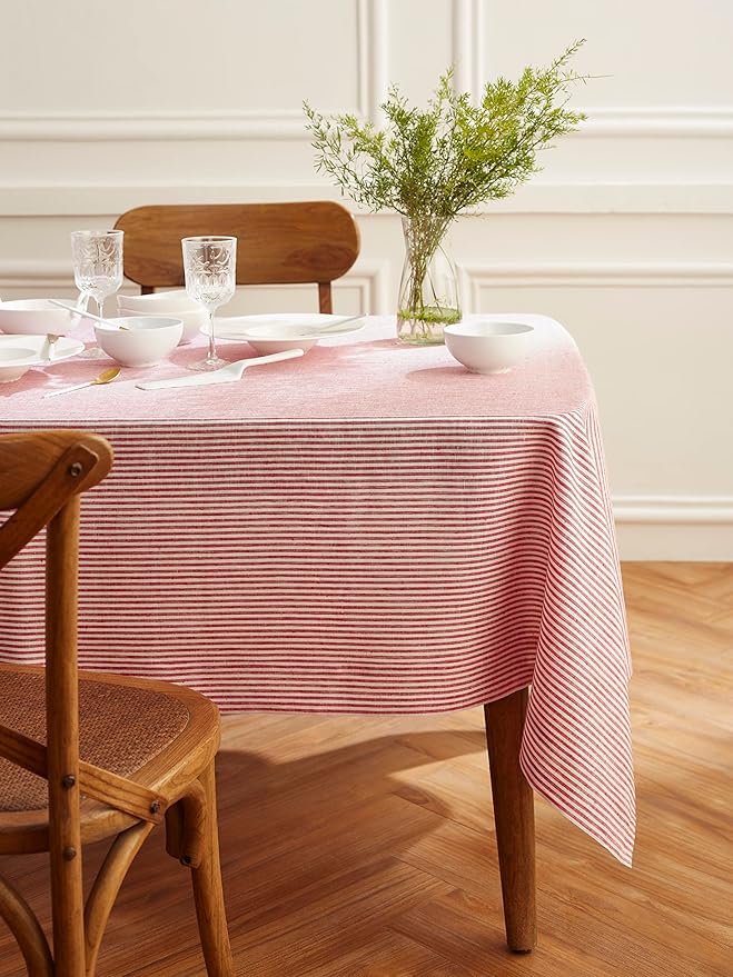 Solino Home Linen Striped Tablecloth 60 x 156 Inch - 100% Pure Linen Red and White Table Cloth for Rectangle Tables - Narrow Stripe, Machine Washable Tablecloth