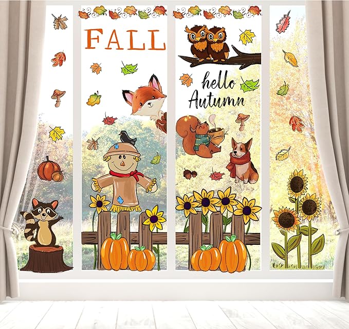 6 Sheets Fall Window Clings Fall Watercolor Pumpkin Maple Leaves Scarecrow Owl Sunflower Window Stickers for Autumn Thanksgiving Harvest Home Window Decals Decor