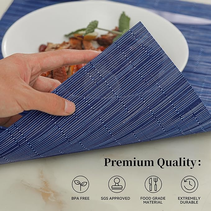 Leetaltree Blue Placemats Set of 8 - Heat Resistant Non-Slip Place mats for Dining Table, Washable Durable PVC Vinyl Woven Table Mats（Blue, 8）