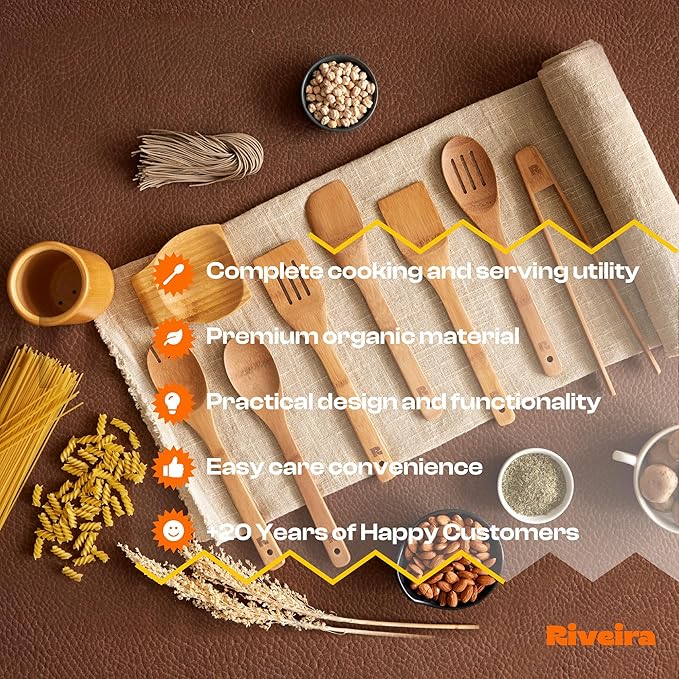 Riveira Dark Bamboo Wooden Spoons for Cooking 9-Piece with Holder, Apartment Essentials Wood Spatula Spoon Nonstick Kitchen Utensil Set Premium Quality Housewarming Gifts for Everyday Use